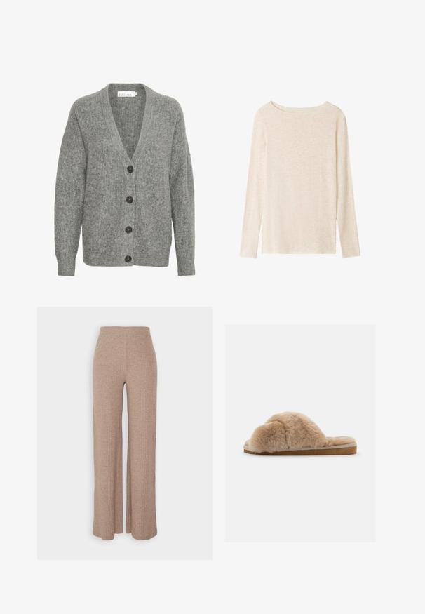 Grå strikket cardigan med V-hals, fem store knapper foran og ribbede manchetter. Lavet af blødt, tekstureret stof.; Langærmet, lysebeige striktop med bådudskæring og subtil meleret tekstur.; Beige ribbede vide bukser med høj talje og blød tekstur, der har en løs pasform og ingen synlige lukninger.; Fuzzy beige hjemmesko med blød tekstur, åben bag og indvendig foring. Flad sål med en lysebrun bund og beige syning.