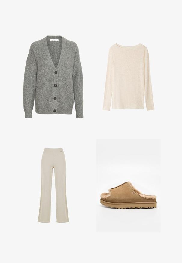 Grå strikket cardigan med V-hals, fem store knapper foran og ribbede manchetter. Lavet af blødt, tekstureret stof.; Langærmet, lysebeige striktop med bådudskæring og subtil meleret tekstur.; Beige vide bukser med en glat ribbet tekstur, elastisk talje og ingen synlige dekorationer, hvilket giver en afslappet silhuet.; Beige ruskind slip-on sutsko med blødt fleecefor og gummisål, med et side-UGG-logo på en ens hvid baggrund.
