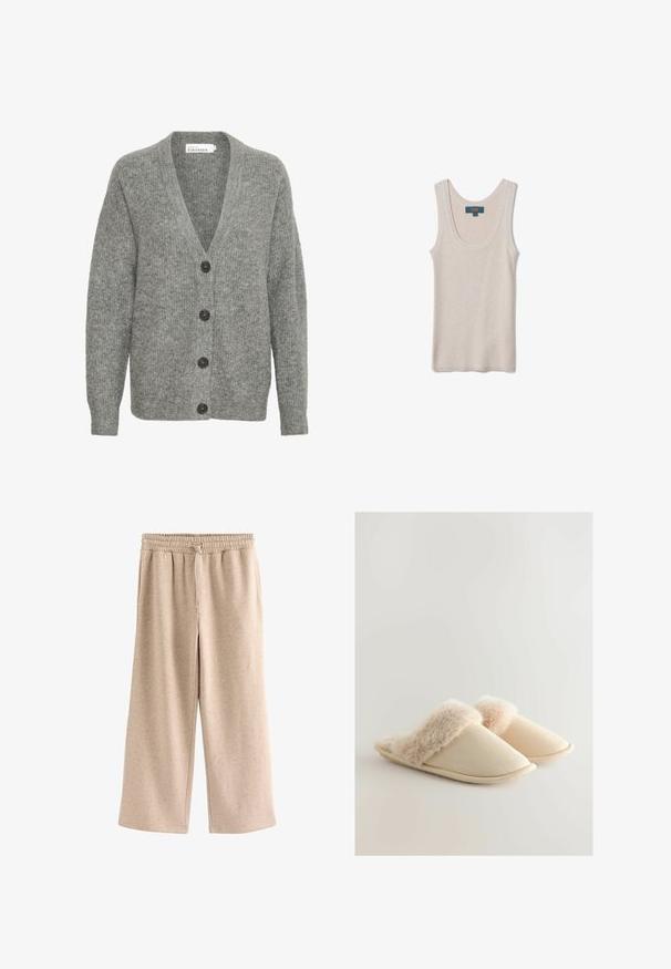 Grijze gebreide cardigan met een V-hals, vijf grote knopen aan de voorkant en ribgebreide manchetten. Gemaakt van een zachte, gestructureerde stof.; Mouwloos beige geribd gebreid topje met ronde halslijn, plat weergegeven met het OVS-merklabel aan de binnenkant van de achterkraag.; Beige broek met wijde pijpen, een elastische tailleband en een koordje, gemaakt van een zachte, gevlekte stof.; Beige slippers met een zachte bontachtige bovenrand, een afgeronde teenvorm en een gestructureerde stof. De zool is plat en flexibel.