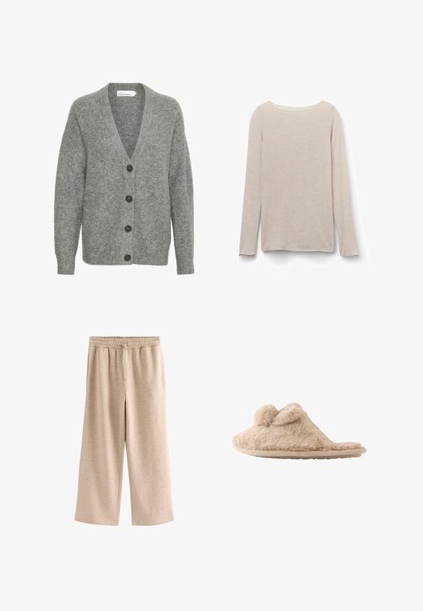 Grå strikket cardigan med V-hals, fem store knapper foran og ribbede manchetter. Lavet af blødt, tekstureret stof.; Lyserød langærmet t-shirt med afslappet rund halsudskæring, lavet af blødt stof med en subtil meleret tekstur.; Beige bukser med vide ben, elastisk talje og snørre, lavet af et blødt, plettet stof.; Beige, fløjlsblød hjemmesko med to pomponer på toppen og en flad sål, designet til indendørs brug.