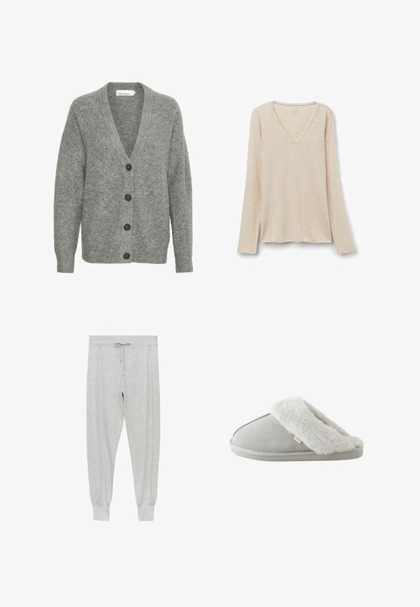 Grå strikket cardigan med V-hals, fem store knapper foran og ribbede manchetter. Lavet af blødt, tekstureret stof.; Langærmet V-hals top i lys beige stof med en blød tekstur. Afslappet pasform med lige kant og minimalistisk design.; Grå sweatpants lavet af blød stof, der har snoretræk i taljen, knapdetail i toppen og elastiske manchetter ved anklerne.; Lysegrå slip-on tøfler med blødt hvidt kunstpelsfor og sål mærket "NEXT," set fra siden på hvid baggrund.