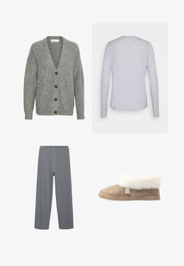 Grå strikket cardigan med V-hals, fem store knapper foran og ribbede manchetter. Lavet af blødt, tekstureret stof.; Lys grå langærmet top lavet af blødt, tekstureret stof. Har rund halsudskæring og lige snit med minimal styling.; Grå, bomuldsblandede bukser med vid ben og elastisk talje, der har en glat tekstur og et simpelt, uden pyntedesign.; Tan ruskinds-sko med en hvid, fluffy kant, blød tekstur, rund tådesign og en hvid sål. Har en synlig syet søm og et mærke.
