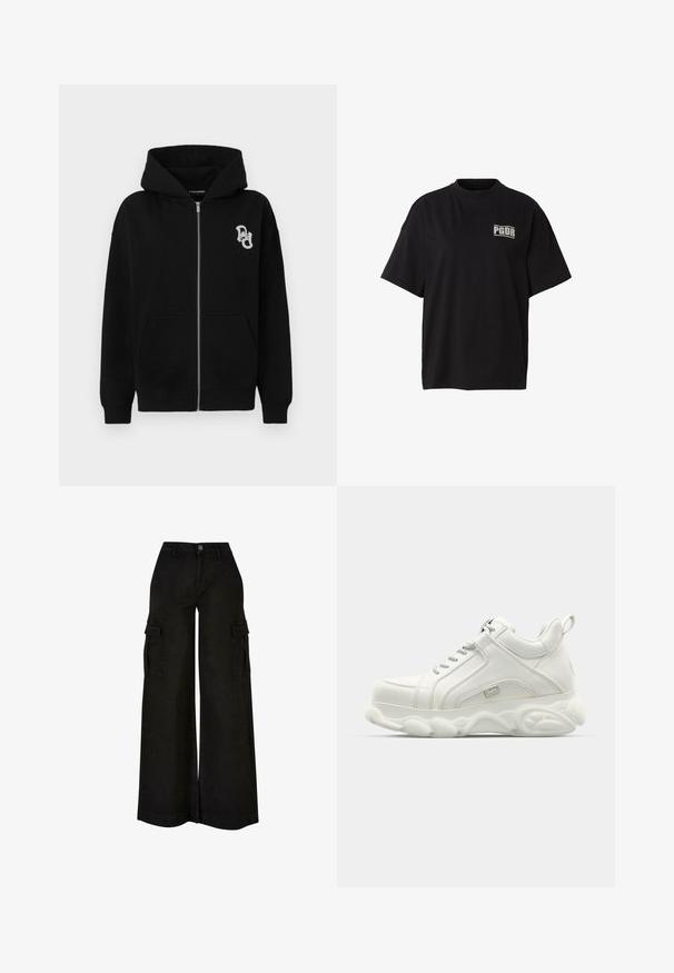 Haut à capuche zippé noir en mélange de coton. Il dispose d'une poche kangourou, de poignets côtelés et d'un petit logo graphique sur la poitrine gauche.; T-shirt noir oversized à manches courtes avec col ras-du-cou et logo blanc "PGDR" sur la poitrine, côté gauche en haut.; Pantalon cargo noir à jambes larges, taille haute, bouton sur le devant, fermeture éclair, passants de ceinture et poches à rabat sur les deux cuisses.; Baskets blanches de sport avec une tige en cuir lisse, une semelle arrondie et un accent texturé. Comprend des lacets et une languette à l'arrière.