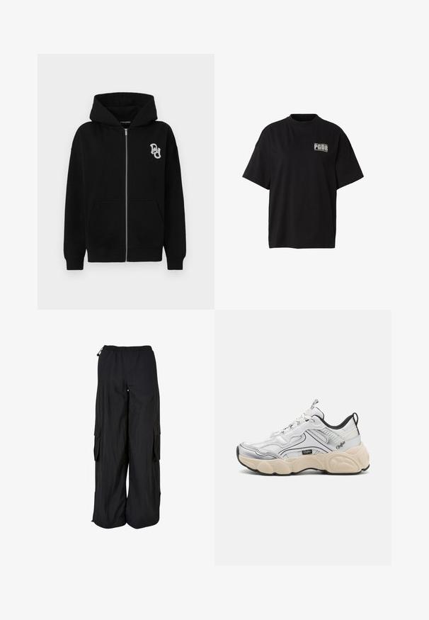 Sort zip-up hættetrøje lavet af bomuldsblanding. Har en kengurulomme, ribbekanter og et lille grafisk logo på venstre bryst.; Sort oversized T-shirt med korte ærmer, rund hals og hvid "PGDR"-logo på øverste venstre bryst.; Svarte cargobukser med vidde ben, elastisk talje, sidelommer med klap og justerbare snore i talje og forneden.; Hvid sportsko med mesh- og syntetiske paneler, sølvdetaljer, chunky creme farvet sål og kontrasterende sorte detaljer. Har snøresystem.