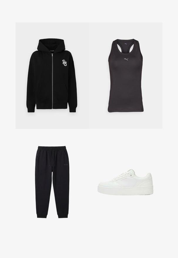 Schwarze Zip-Hoodie aus Baumwollmischung. Verfügt über eine Kängurutasche, gerippte Bündchen und ein kleines grafisches Logo auf der linken Brust.; Schwarzes Sporttanktop mit Racerback-Design, aus glattem Stoff gefertigt, mit einem kleinen grauen Logo in der Mitte vorne.; Schwarze Jogginghose mit elastischem Bund, Kordelzug, seitlichen Taschen, Bündchen an den Knöcheln und kleinem Champion-Logo am linken Oberschenkel.; Weißer Low-Top Sneaker mit Schnürung vorne, perforierten Details an Zehen- und Seitenbereich und dicker Gummisohle.