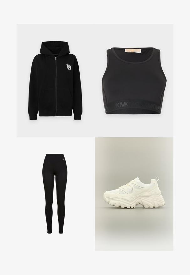 Schwarze Zip-Hoodie aus Baumwollmischung. Verfügt über eine Kängurutasche, gerippte Bündchen und ein kleines grafisches Logo auf der linken Brust.; Schwarzer Sport-BH aus glattem Stoff, mit rundem Ausschnitt und einem elastischen Bund mit Logo-Akzent am unteren Rand.; Schwarze Leggings mit hohem Bund, dehnbarem Stoff, glatter Textur und einer enganliegenden Passform, die sowohl für die Freizeit- als auch für Sportbekleidung geeignet sind.; Weißer klobiger Sneaker mit dicker strukturierter Sohle, Mesh-Einsätzen, Schnürung vorne und Zuglasche an der Ferse auf neutralem Hintergrund.