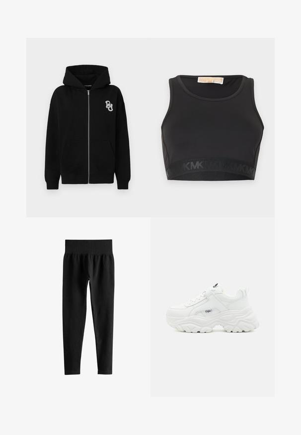 Zwarte zip-up hoodie van een katoenmix. Heeft een kangoeroezak, geribbelde manchetten en een klein grafisch logo op de linkerborst.; Zwarte sport-bh gemaakt van gladde stof, met een ronde halslijn en een elastische band aan de onderkant met een logo-accent.; Zwarte geribbelde leggings met hoge taille en brede elastische tailleband, smalle pasvorm over de volledige lengte, zonder zichtbare logo’s of patronen.; Witte chunky sneakers met een soepel leren bovenwerk, ronde neus en een dikke, gestructureerde zool met een zichtbaar merklogo aan de zijkant.