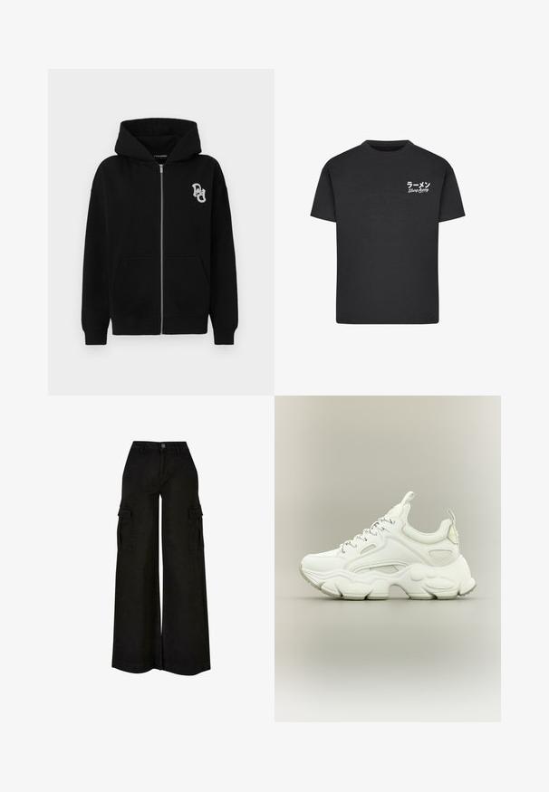 Schwarze Zip-Hoodie aus Baumwollmischung. Verfügt über eine Kängurutasche, gerippte Bündchen und ein kleines grafisches Logo auf der linken Brust.; Schwarzes Baumwoll-T-Shirt mit Rundhalsausschnitt. Mit weißem Text, einschließlich japanischer Schriftzeichen und "Slurp Away", auf der linken Brustseite.; Schwarze, weit geschnittene Cargo-Hose mit hohem Bund, Frontknopf, Reißverschluss, Gürtelschlaufen und Klappentaschen an beiden Oberschenkeln.; Weißer klobiger Sneaker mit dicker, strukturierter Sohle, Mesh- und Lederobermaterial, Schnürverschluss und Zuglaschen an Zunge und Ferse.