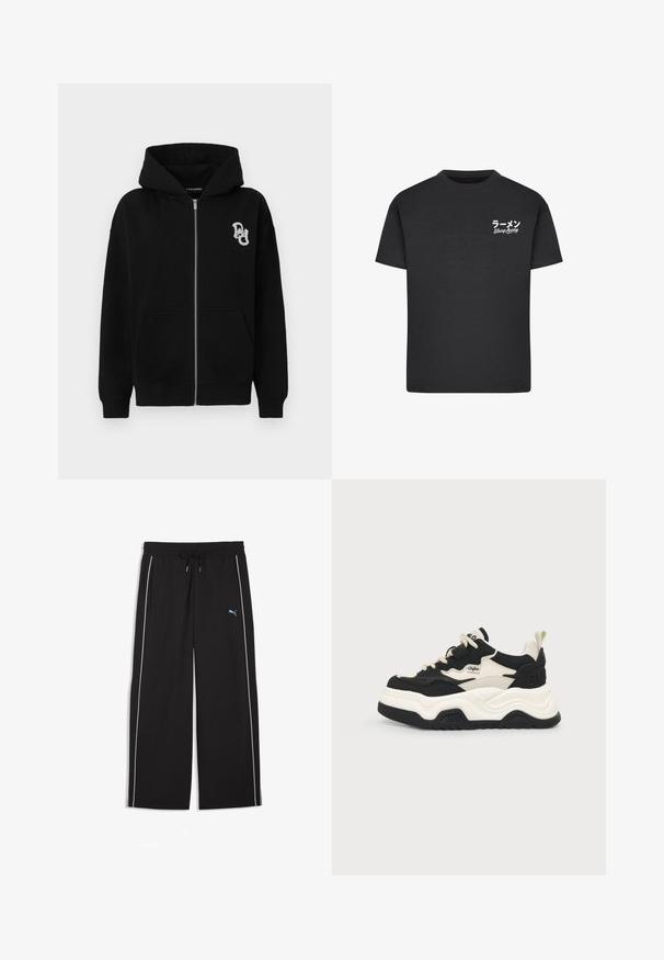 Sort zip-up hættetrøje lavet af bomuldsblanding. Har en kengurulomme, ribbekanter og et lille grafisk logo på venstre bryst.; Sort bomulds T-shirt med rund hals. Har hvid tekst, inklusive japanske tegn og "Slurp Away," på venstre brystområde.; Sorte løstsiddende bukser med elastisk taljebånd og snøring, hvide sidestriber, forlommer og lille blåt Puma-logo på venstre lår.; Tyk sort og hvid sneaker med tyk sål, snørelukning foran og trækstrop ved hælen, sat mod en enkel lys baggrund.