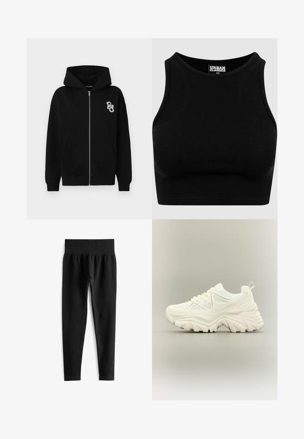 Schwarze Zip-Hoodie aus Baumwollmischung. Verfügt über eine Kängurutasche, gerippte Bündchen und ein kleines grafisches Logo auf der linken Brust.; Schwarzes geripptes Cropped-Top mit rundem Ausschnitt und ärmellosem Design. Hergestellt aus einem dehnbaren, strukturierten Stoff. Etikett mit der Aufschrift "Urban Classics."; Schwarze gerippte Leggings mit einem breiten elastischen Bund, das eine taillierte Silhouette und eine glatte Textur aufweist. Keine sichtbaren Beschläge oder Muster.; Weißer klobiger Sneaker mit dicker strukturierter Sohle, Mesh-Einsätzen, Schnürung vorne und Zuglasche an der Ferse auf neutralem Hintergrund.