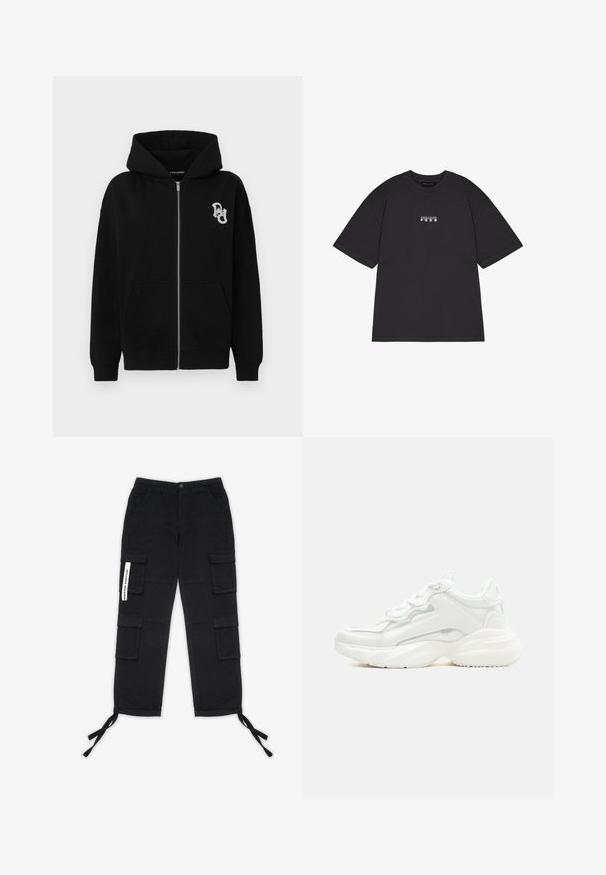 Schwarze Zip-Hoodie aus Baumwollmischung. Verfügt über eine Kängurutasche, gerippte Bündchen und ein kleines grafisches Logo auf der linken Brust.; Schwarzes Baumwoll-T-Shirt mit kurzen Ärmeln, das auf der Vorderseite einen kleinen weißen Grafiktext mit "PEGAIDOR PGDR" zeigt. Einfaches Design mit Rundhalsausschnitt.; Pegador TANAMI WIDE PANTS - Cargohose - black; Weißer klobiger Sneaker mit dicker Sohle, Schnürverschluss vorne und glattem, synthetischem Obermaterial mit dezenten Steppnähten.