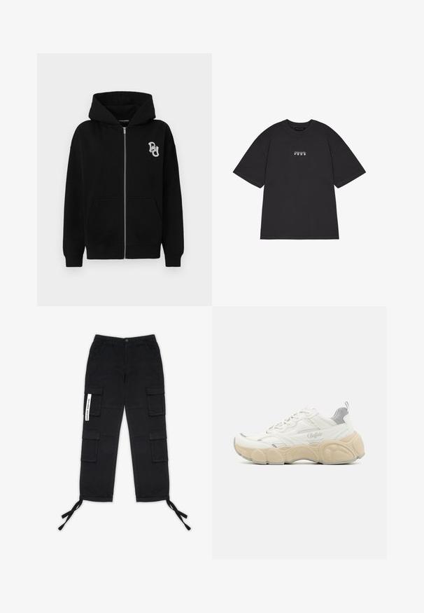 Haut à capuche zippé noir en mélange de coton. Il dispose d'une poche kangourou, de poignets côtelés et d'un petit logo graphique sur la poitrine gauche.; T-shirt en coton noir à manches courtes, avec un petit texte graphique blanc "PEGAIDOR PGDR" sur le devant. Design simple à encolure ras du cou.; Pegador TANAMI WIDE PANTS - Pantalon cargo - black; Basket blanche avec tige en mesh et en cuir lisse, dotée d'un col rembourré, d'une semelle en caoutchouc texturée et de subtils accents métalliques.