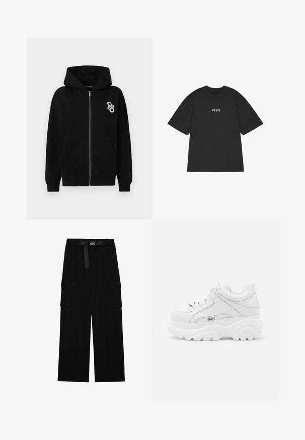 Schwarze Zip-Hoodie aus Baumwollmischung. Verfügt über eine Kängurutasche, gerippte Bündchen und ein kleines grafisches Logo auf der linken Brust.; Schwarzes Baumwoll-T-Shirt mit kurzen Ärmeln, das auf der Vorderseite einen kleinen weißen Grafiktext mit "PEGAIDOR PGDR" zeigt. Einfaches Design mit Rundhalsausschnitt.; Schwarze Cargohosen mit weitem Bein, elastischem Bund und einem Gürtel sowie zwei großen Seitentaschen für zusätzlichen Stauraum.; Weiße Plattform-Sneaker aus synthetischem Material, mit einer glatten Oberfläche, dicker Sohle und dezenten Nähdetails. Mit einem Logo akzentuiert.