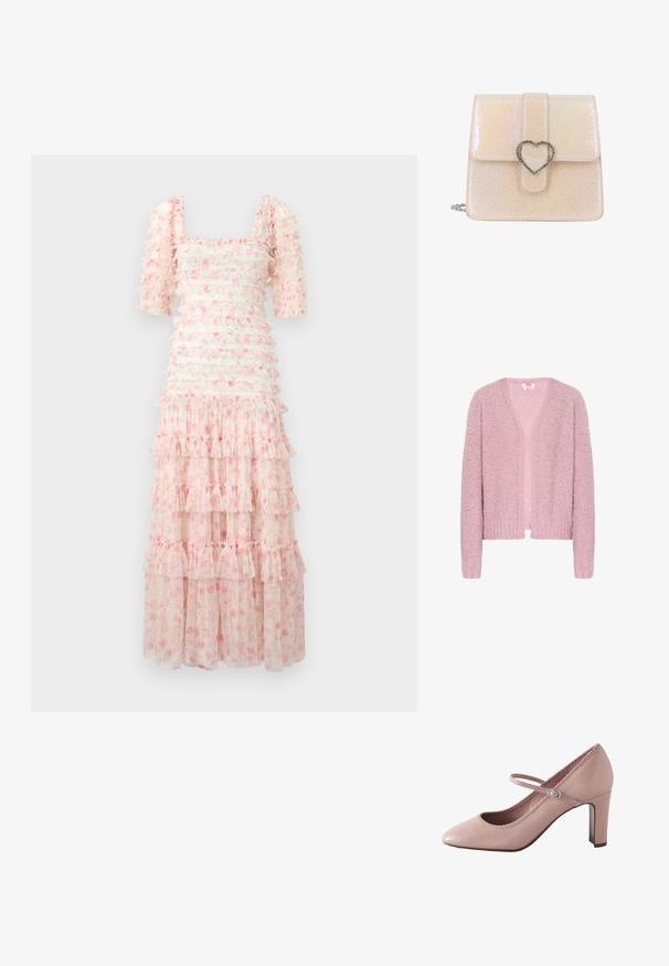 Lichtroze cardigan gemaakt van textuur, pluizig garen. Heeft een V-hals, open voorkant, lange mouwen en geribde zoom en manchetten.; Floral maxi-jurk met een vierkante halslijn, korte pofmouwen, gelaagde ruches en een lichtroze tint met verspreide bloemenpatronen. Transparante stof.; Roze leren hoge hak met een afgeronde teen, enkelbandje en gegolfde rand. Voorzien van een smalle blokhak voor extra ondersteuning.; Kleine lichtroze glanzende handtas met een gestructureerd oppervlak en een zilveren hartvormige sluiting op de voorflap.