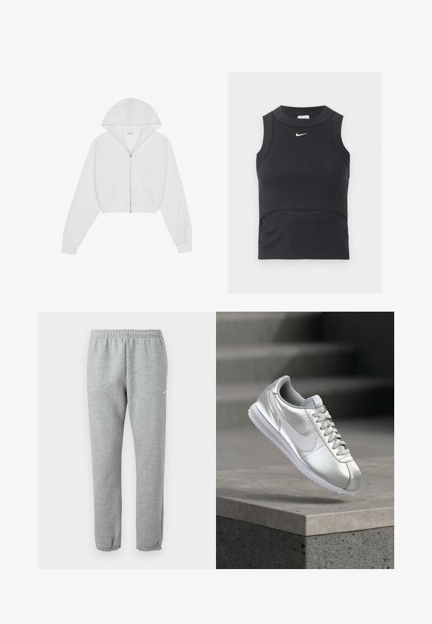 Witte cropped hoodie met een ritssluiting aan de voorkant, lange mouwen, zijzakken en een capuchon. Gemaakt van zachte stof met een gladde textuur.; Zwarte mouwloze cropped sporttop met geribbelde textuur en wit Nike swoosh-logo op de borst.; Lichtgrijze Nike joggingbroek met elastische tailleband en boorden, klein wit Nike swoosh-logo op de bovenste linker dij.; Zilveren Nike-sneaker met witte swoosh en veters, zwevend boven een betonnen richel met wazige trappen op de achtergrond.