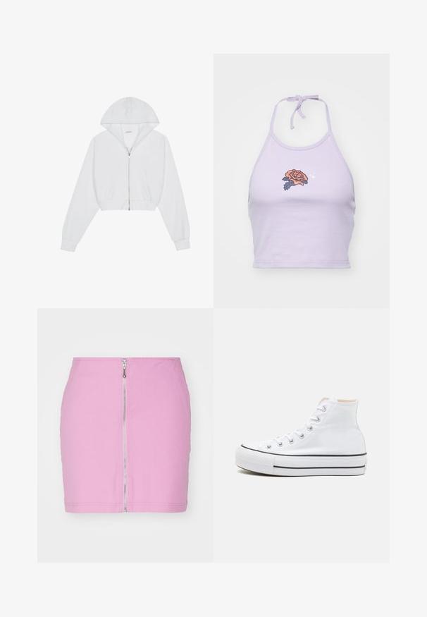Witte cropped hoodie met een ritssluiting aan de voorkant, lange mouwen, zijzakken en een capuchon. Gemaakt van zachte stof met een gladde textuur.; Lila halter crop top van katoen, met een rozenborduursel in oranje en marineblauw, met een striksluiting bij de hals.; Roze denim mini-rok met een rits aan de voorkant, een nauwsluitend ontwerp en een schone afwerking aan de zoom. Eenvoudige, effen kleur zonder patronen.; Witte hoge sneakers van canvasmateriaal, zwarte rubberen zool en contrasterende zwarte streep op de tussenzool. Circulaire neus en vetersluiting.