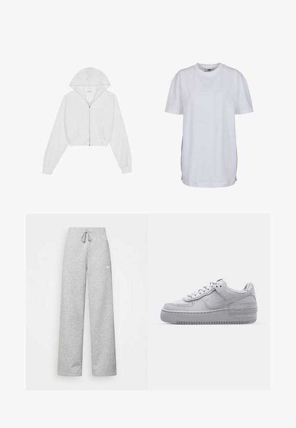 Witte cropped hoodie met een ritssluiting aan de voorkant, lange mouwen, zijzakken en een capuchon. Gemaakt van zachte stof met een gladde textuur.; Effen wit T-shirt met korte mouwen en ronde hals, met een rechte zoom en een klein zichtbaar merklabel binnenin de kraag.; Grijze sweatpants met een elastische tailleband, een trekkoord-detail en een klein wit Nike-logo op de linkerdij. Zachte stof, losvallend.; Grijze Nike Air Force 1 sneaker met geperforeerde neus, glad leren bovenwerk, dikke zool en verhoogde 'AIR' details op de hiel.