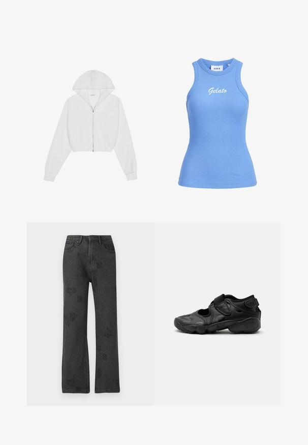 Witte cropped hoodie met een ritssluiting aan de voorkant, lange mouwen, zijzakken en een capuchon. Gemaakt van zachte stof met een gladde textuur.; Blauw geribd mouwloos tanktop met hoge hals en witte "Gelato" tekst op de borst.; Zwarte wijde spijkerbroek met vervaagde bloemen-, hart- en vlinderprints, knoopsluiting aan de voorkant en vijf-pocket ontwerp.; Zwarte sportieve sandaal met gesloten neus, klittenbandriemen op de middenvoet en hiel, en een dikke gewatteerde zool met de tekst "AIR" aan de zijkant.