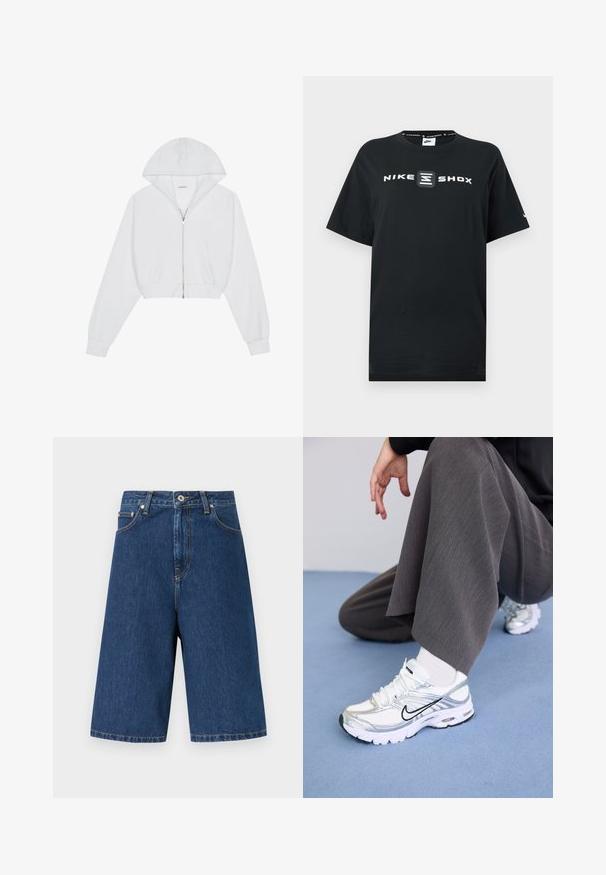 Witte cropped hoodie met een ritssluiting aan de voorkant, lange mouwen, zijzakken en een capuchon. Gemaakt van zachte stof met een gladde textuur.; Zwart Nike T-shirt met de logo's "NIKE" en "SHOX" in het wit aan de voorkant. Rondhals design met korte mouwen en een ontspannen pasvorm.; Donkerblauwe denim kniebroek met knopen aan de voorkant, ritssluiting, riemlussen en zijzakken op een effen achtergrond.; Witte en zilveren sport schoenen van mesh en synthetische materialen, met zwarte accentlijnen, veters en gestructureerde zolen.