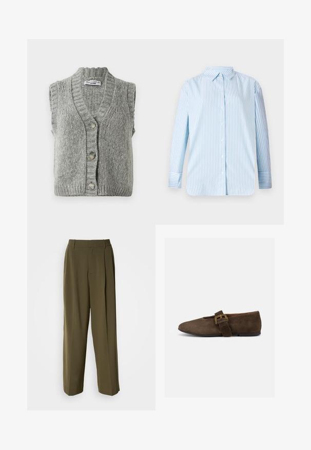 Chaleco de punto gris sin mangas con botones, con cuello y dobladillo acanalados, dispuesto plano mostrando el frente con tres botones.; Camisa de manga larga a rayas azul y blanca con cuello abotonado y corte recto. Tejido suave con botones visibles y detalles en los puños.; Pantalones de pierna ancha verde oliva, confeccionados con una tela suave, que cuentan con una cintura alta, pliegues en la parte delantera y bolsillos laterales para mayor funcionalidad.; Zapato plano de ante marrón con tira ancha y hebilla dorada, puntera redondeada y suela baja negra, mostrado de perfil sobre fondo blanco.