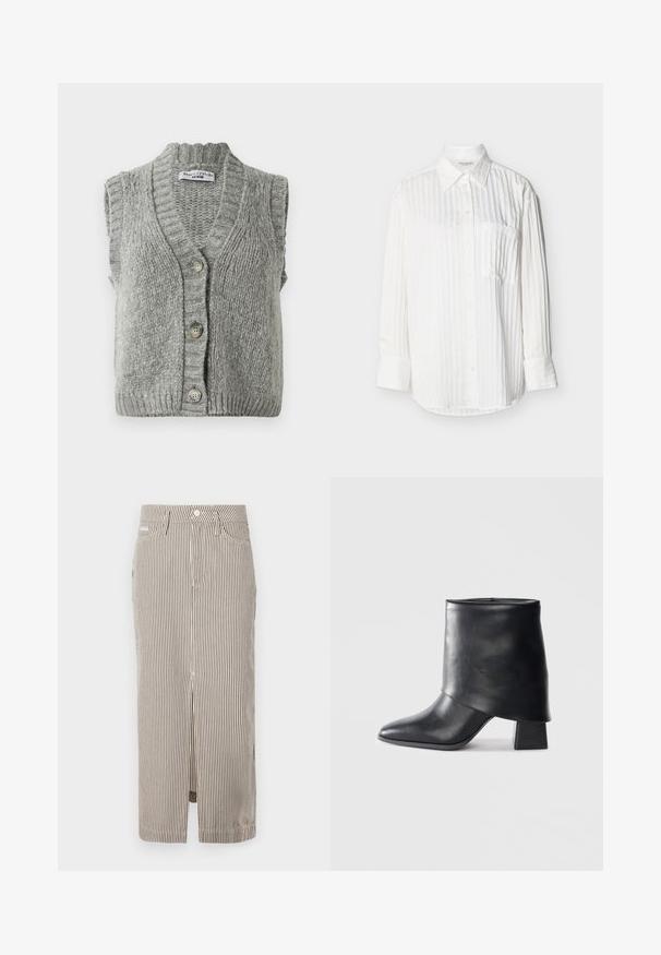 Grå strikket ærmeløs cardigan vest med knapper og ribbet krave og kant, liggende fladt og viser forsiden med tre knapper.; Hvid, langærmet skjorte med knapper, subtile lodrette striber, spids krave, brystlomme foran og manchetter med knapper på ensfarvet baggrund.; Stribet midiskørt i lys beige og mørkebrun, lavet af bomuld, med en frontslids og bæltestropper. Klassisk design og skræddersyet pasform.; Sort læder ankelstøvle med spids tå, glat tekstur og en struktureret blokhæl. Har et højt, foldet kravedesign.