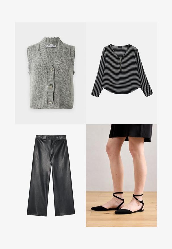 Grå strikket ærmeløs cardigan vest med knapper og ribbet krave og kant, liggende fladt og viser forsiden med tre knapper.; Sort-hvide stribede langærmede trøje med v-hals og en midterskide. Stoffet ser glat ud, med en afslappet, let cropped pasform.; Sorte læder bukser med brede ben og en glat tekstur, bæltestropper og en frontlynlås. Har en løs pasform og rene syninger.; Sorte suede flade sandaler med spidse tæer, der har ankelremme, der krydser over, og en spænde lukning. Glat tekstur og minimalistisk design.