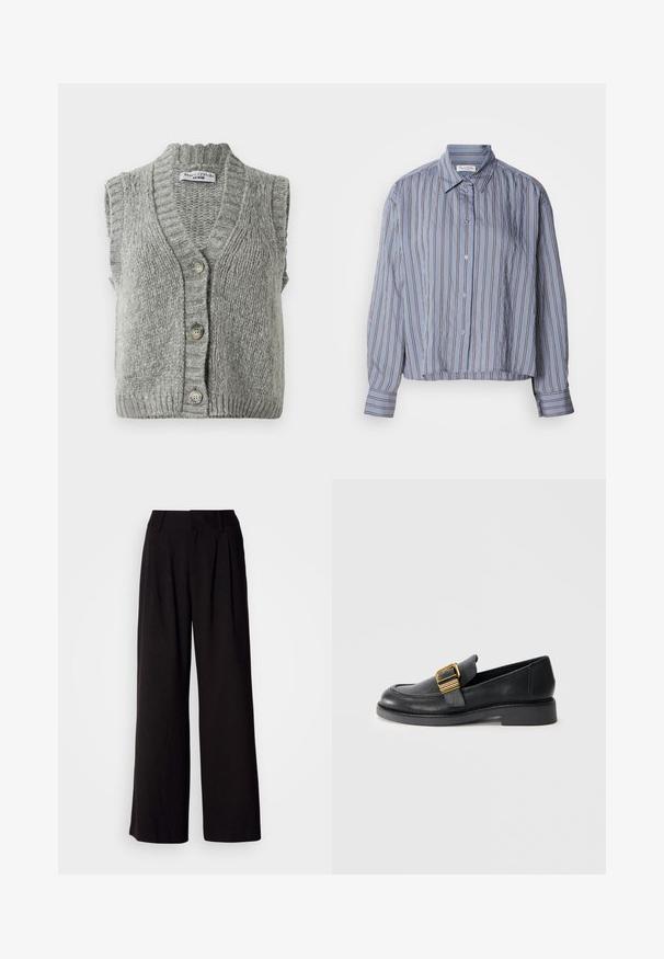 Grå strikket ærmeløs cardigan vest med knapper og ribbet krave og kant, liggende fladt og viser forsiden med tre knapper.; Lyseblå, cropped skjorte med knapper, der har lodrette striber i mørkere blå og hvid. Den har en krave og lange ærmer med manchetter.; Sorte bukser med vid benvidde lavet af glat stof, med folder foran, en tætsiddende talje og uden synlige mønstre eller detaljer.; Sorte læder loafers med flad sål, der har en guld spændeaccent og stikninger langs kanterne. Glat tekstur.