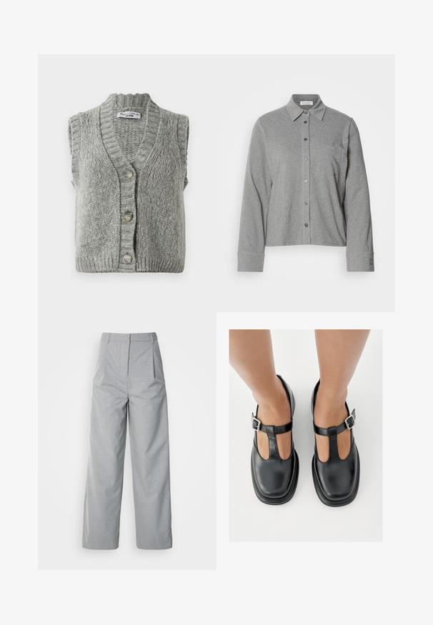 Grijze gebreide mouwloze knopenvest met ribbelkraag en -zoom, plat gelegd zodat de voorkant met drie knopen zichtbaar is.; Grijze button-up shirt van soepel materiaal, voorzien van een kraag, lange mouwen, een borstzak en een knoopmanchet met logodetail.; Grijze wijde broek van gestructureerde stof, met een hoge taille, plooien aan de voorkant en een rechte pasvorm naar de zoom.; Zwarte leren schoenen met een T-bandontwerp, gesloten teensluiting en zilverkleurige gespdetails. Glad oppervlak met een ronde neus en platte zool.