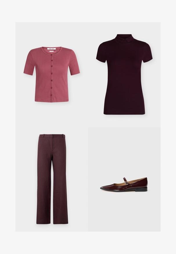 Cardigan à manches courtes, boutonné devant, couleur rose poudré avec un col rond et de fines rayures verticales texturées.; Top à manches courtes, ajusté, col roulé violet foncé avec un petit col, présenté sur un fond clair uni.; Pantalon droit marron foncé avec une ceinture et une fermeture avant cachée, présenté sur un fond clair uni.; Ballerines en cuir verni bordeaux de type Mary Jane avec un bout pointu, un talon plat et une sangle décorative avec une boucle circulaire.