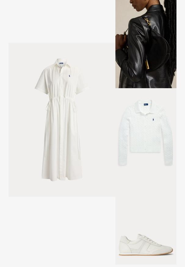 Biely pletený kardigán s dlhým rukávom, zapínaný na gombíky, s golierom a malým tmavomodrým logom Polo Ralph Lauren na ľavej strane hrude.; Biele midi šaty s krátkym rukávom, golierom, zapínaním na gombíky vpredu, nastaviteľnými mierkami v páse a malým vyšitým logom na hrudi.; Biela nízka teniska so šnurovaním vpredu, zsemišovými a koženými panelmi a svetlohnedou gumovou podrážkou na bielom pozadí.; Osoba v čiernej koženej bunde nesie čiernu kabelku v tvare polmesiaca so zlatou prackou na ramene na jednoliatom pozadí.