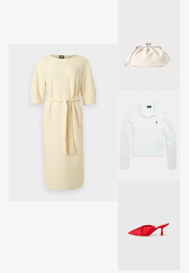 Weißer, langärmeliger Strick-Cardigan mit Knöpfen, Kragen und kleinem dunkelblauem Polo Ralph Lauren Logo auf der linken Brust.; Knielanges, cremefarbenes, geripptes Kleid mit 3/4-Ärmeln und einem passenden Stoffgürtel, der in der Taille gebunden ist.; Rote Satin-Pantoletten mit hohem Absatz, spitzer Zehenpartie und geraffter Textur am Obermaterial. Verfügen über einen schlanken, zugespitzten Absatz.; Cremefarbene Stoff-Clutch mit gerafftem Design, silbernem Metallrahmen, zwei dekorativen Kugeln und einem silbernen Kettenriemen.
