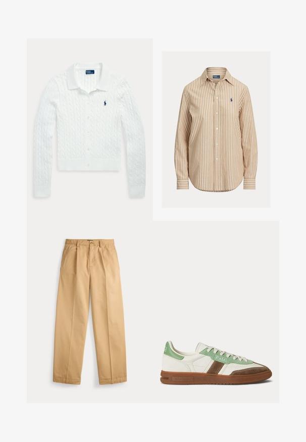 Hvit kabelstrikket cardigan med lang arm, knapper, krage og liten marineblå Polo Ralph Lauren-logo på venstre bryst.; Stripete skjorte med khaki- og hvitt mønster, lange ermer, spiss krage og en liten logo på venstre bryst. Bomullsstoff.; Beige bukser med rette ben, knapp og glidelåslukking, frontlommer, beltehemper og pressede folder nedover bena.; Low-top Polo-sneaker i hvit skinn, med grønne semskede detaljer, brun semskede stripe og gummisåle.