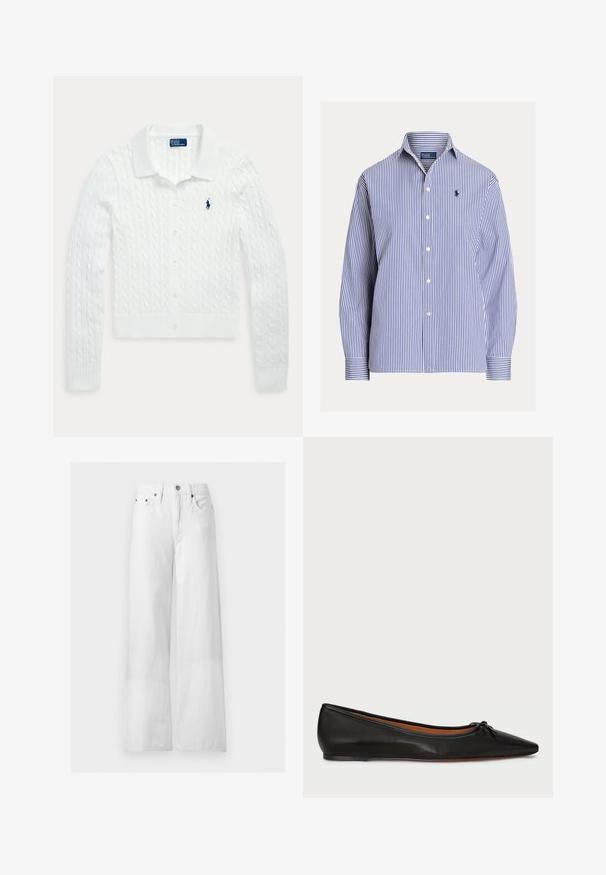 Valge soonikkoes pikkade varrukatega nööbitav kardigan kraega ja vasakul rinnal väike tumesinine Polo Ralph Laureni logo.; Sinise ja valge vertikaalsete triipudega pika varrukaga nööpidega särk, kraega ja väikese tikandiga logoga vasakul rinnal.; Kõrge vöökohaga valged laia lõikega teksad esikäepidemete, tõmbluku, vööaasade ja viie tasku disainiga ühtlasel taustal.; Musthave mustmugav mustlööv mustpeen mustliist kaumustpunase siluetti mustnot mustlinnti mustmuuta mustlis, ja mustpeen evidenti mustkpöytä mustpuuriinge musttarvik mustpeenust previstos.