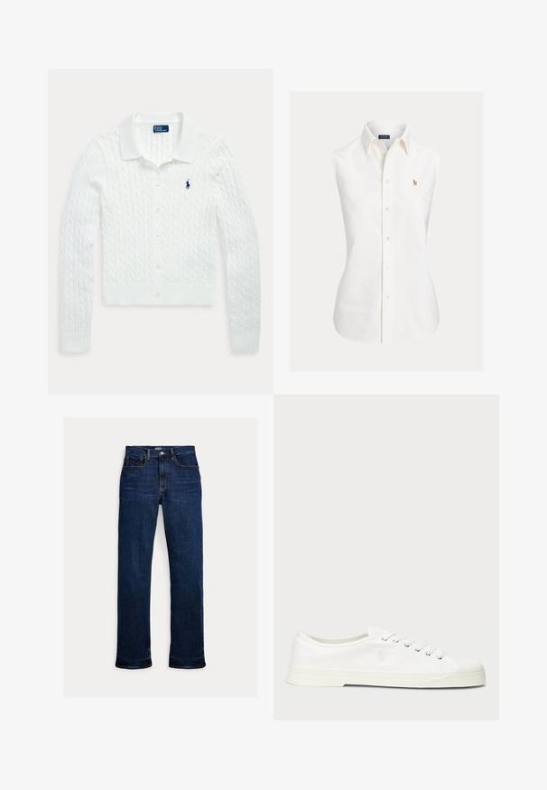 Biely pletený kardigán s dlhým rukávom, zapínaný na gombíky, s golierom a malým tmavomodrým logom Polo Ralph Lauren na ľavej strane hrude.; Biele bezrukávové tričko z bavlny, s cípatým golierom, predným zapínaním na gombíky a malým vyšívaným logom na ľavej strane.; Tmavomodré rifle s rovnými nohavicami, predným gombíkom a zipsom, päťvreckový dizajn a viditeľné detaily prešívania.; Biele plátěné tenisky s okrúhlou špičkou, viazaním na šnúrky a diskrétnym logom. Majú štruktúrovanú textíliu a gumovú podrážku.