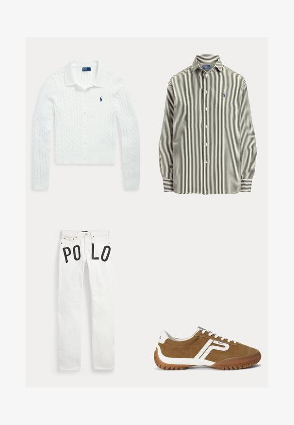 Valge soonikkoes pikkade varrukatega nööbitav kardigan kraega ja vasakul rinnal väike tumesinine Polo Ralph Laureni logo.; Pikkade varrukatega nööpidega särk, millel on vertikaalsed valged ja tumerohelised triibud ning vasakul rinnal väike tikitud logo.; Valged teksapüksid ees taskutega ja mustade tähtedega, mis moodustavad sõna "PO LO" mõlema jala ülemise reie piirkonnas.; Pruun seemisnahast toss valgete detailide, valgete paelte ja külgedel ning kandadel "Polo" brändinguga, näidates välimist külgvaadet.
