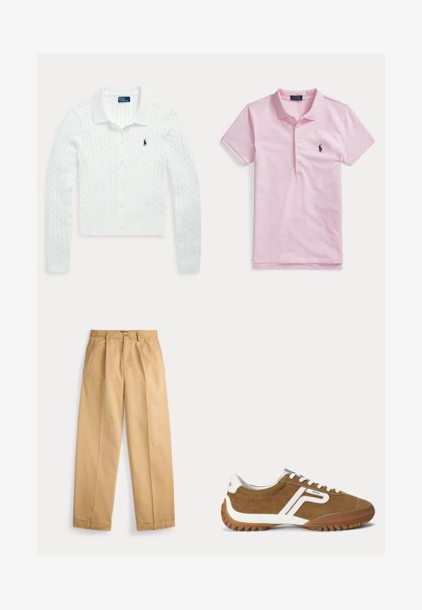 Biely pletený kardigán s dlhým rukávom, zapínaný na gombíky, s golierom a malým tmavomodrým logom Polo Ralph Lauren na ľavej strane hrude.; Svetloružové polokošeľa s krátkym rukávom, štyrmi gombíkmi a tmavomodrým vyšívaným logom na ľavej strane hrudníka.; Béžové nohavice s rovným strihom, zapínaním na gombík a zips, prednými vreckami, pútkami na opasok a vyžehlenými skladmi na nohaviciach.; Hnedý semišový teniska s bielymi akcentmi, bielymi šnúrkami a značkou "Polo" na boku a päte, zobrazujúca vonkajší profil.