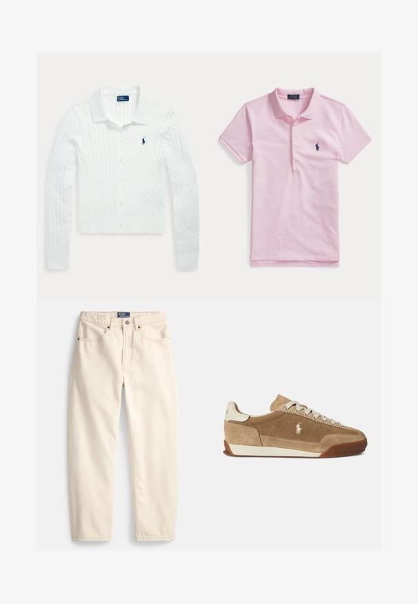 Biely pletený kardigán s dlhým rukávom, zapínaný na gombíky, s golierom a malým tmavomodrým logom Polo Ralph Lauren na ľavej strane hrude.; Svetloružové polokošeľa s krátkym rukávom, štyrmi gombíkmi a tmavomodrým vyšívaným logom na ľavej strane hrudníka.; Džínsy krémovej farby z denimu, s rovnými nohavicami, prednými vreckami a detailom prešívania. Zapínanie na kovové gombíky a zips.; Béžové semišové tenisky s nízkym profilom, krémovými akcentmi, šnurovacím dizajnom a gumovou podrážkou. Na boku je malá logo.