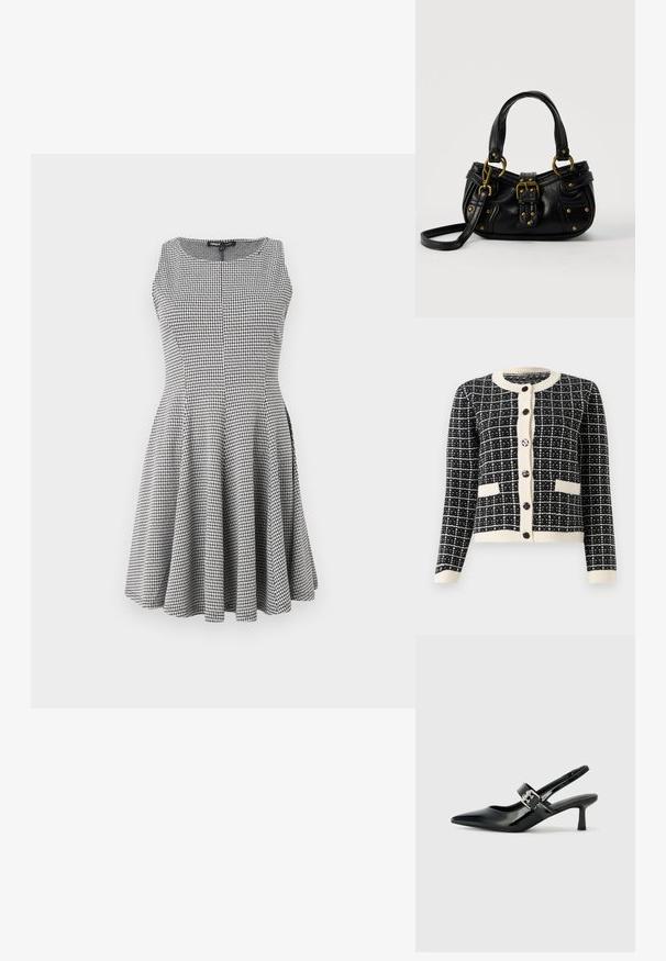 Cárdigan a rayas en blanco y negro con cuello redondo, botones negros en la parte delantera y dos bolsillos frontales. Puños y dobladillo acanalados.; Vestido sin mangas a cuadros blanco y negro con un corsé ajustado y falda acampanada, textura suave y sutiles detalles de costura.; Zapatos de tacón en charol negro con tira al tobillo, punta afilada y un pequeño tacón bloque, que cuentan con un acento de hebilla plateada en la correa.; Bolso de cuero negro con hebilla y detalles de remaches dorados, asas cortas y una correa de hombro ajustable sobre un fondo blanco liso.