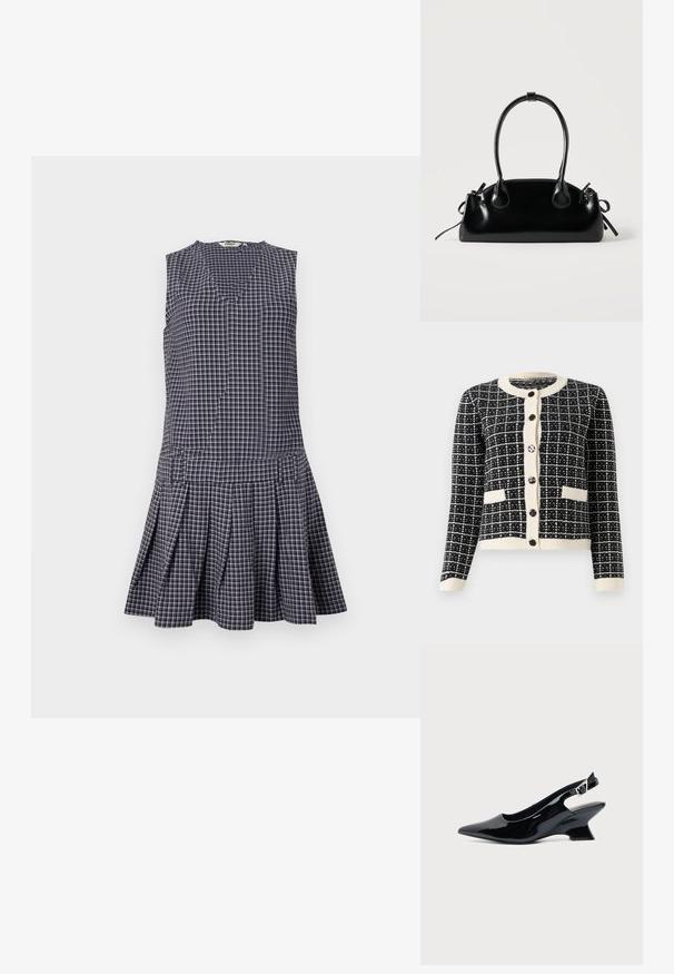 Cárdigan a rayas en blanco y negro con cuello redondo, botones negros en la parte delantera y dos bolsillos frontales. Puños y dobladillo acanalados.; Vestido de cuadros en navy con escote en V, diseño sin mangas, falda con plisados y cintura estructurada. Hecho de una tela ligera.; Zapato slingback de cuero charol negro con puntera puntiaguda y tacón bajo en bloque inclinado sobre fondo claro liso.; Pequeño bolso negro brillante con dos asas largas y detalles de cordón lateral sobre un fondo claro liso.