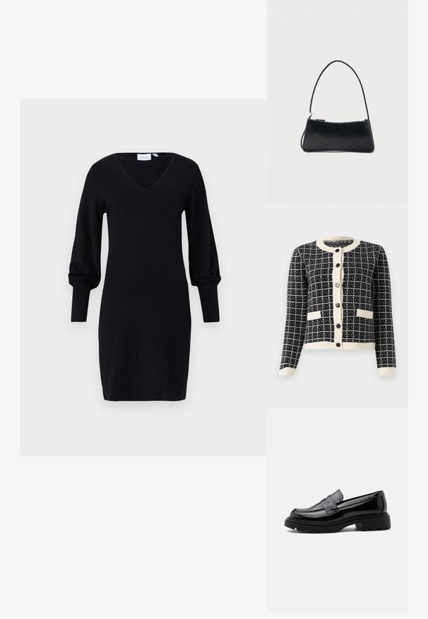 Sort-hvid mønsterstrik cardigan med rund halsudskæring, sorte knapper foran og to forlommer. Ribstrikkede manchetter og kant.; Sort strikket kjole med V-udskæring og lange puffede ærmer, der ender i tætsiddende ribbede manchetter.; Sort skinnende læderloafer med kraftig sål og pennyrem, vist i sideprofil på en ensfarvet hvid baggrund.; Sort rektangulær håndtaske med tynd skulderrem og lynlåslukning, sat mod en enkel hvid baggrund.