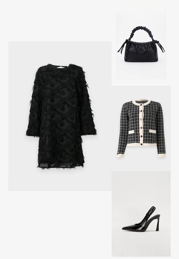 Zwart-wit geblokte cardigan met een ronde halslijn, zwarte knopen aan de voorkant en twee voorzakken. Ribgebreide manchetten en zoom.; Zwarte jurk met lange mouwen, met een textuur met franjes en een ronde halslijn. De stof geeft een gelaagd, driedimensionaal uiterlijk.; Zwarte gepatineerde leren slingback pump met puntige neus, slanke hoge hak en dubbele elastische band voor een veilige pasvorm. Gladde, glanzende oppervlakte.; Zwarte handtas met krokodillenstructuur, geplooide bovenrand, samengevoerde handgreep en koordtassels aan elke kant tegen een witte achtergrond.