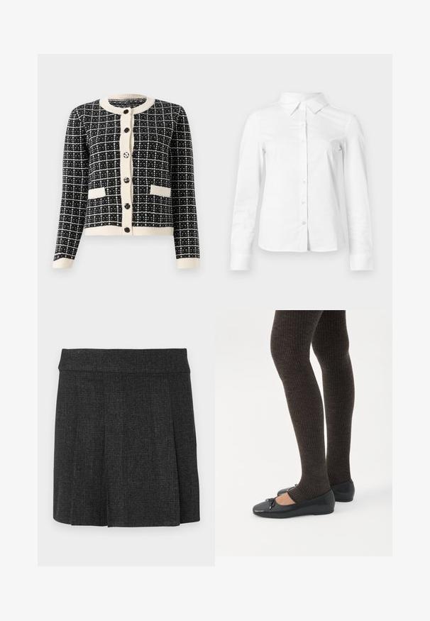 Zwart-wit geblokte cardigan met een ronde halslijn, zwarte knopen aan de voorkant en twee voorzakken. Ribgebreide manchetten en zoom.; Witte blouse met lange mouwen en knopen, met puntige kraag, rechte zoom en aansluitende silhouet, weergegeven op een effen lichte achtergrond.; Zwarte, geplooide rok van textuurstof. Middenhoge tailleband met strakke lijnen. Klassieke snit geschikt voor verschillende gelegenheden.; Benen met donkere geribbelde leggings gecombineerd met zwarte ballerina's met kleine strikdetails op een witte achtergrond.