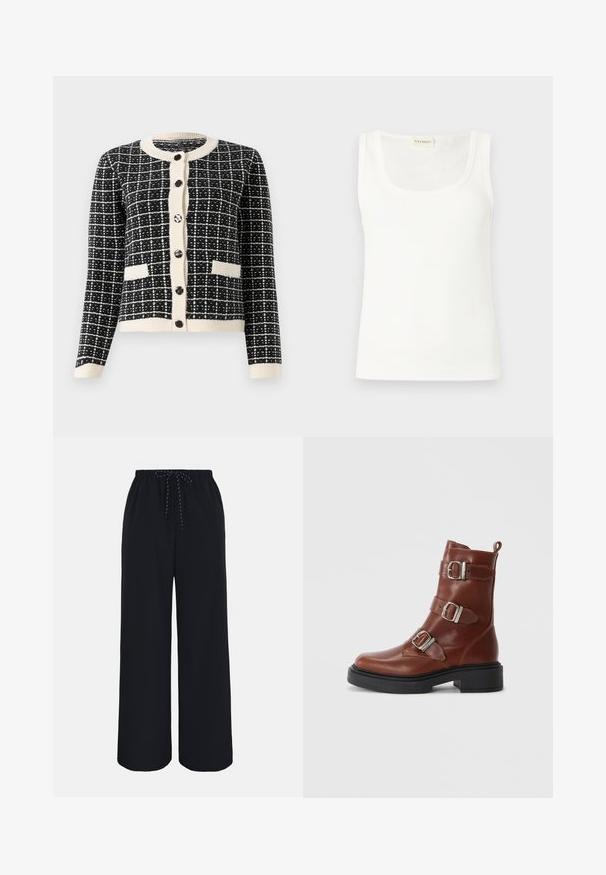 Sort-hvid mønsterstrik cardigan med rund halsudskæring, sorte knapper foran og to forlommer. Ribstrikkede manchetter og kant.; Hvid ærmeløs ribstrikket tanktop med rund halsudskæring og lille vævet mærke bag på nakken.; Sorte bukser med vide ben, elastisk talje og sort-hvid snøre, vist på neutral baggrund.; Brune læder ankelenke med tre justerbare sølvspænder, rund tå, minimal syning og en kraftig sort plateau sål.