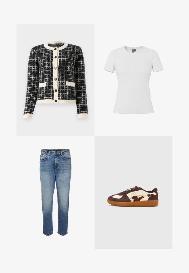 Sort-hvid mønsterstrik cardigan med rund halsudskæring, sorte knapper foran og to forlommer. Ribstrikkede manchetter og kant.; Hvid kortærmet t-shirt lavet af ribbet stof. Har en rund halsudskæring og lige nedkant. Etiketten er synlig ved halsen.; Lyseblå denimjeans med et smalt ben, femlomme-design og et diskret falmet mønster. Afsluttet med syningsdetaljer og lukning med knap.; Brun og cremefarvet Puma Palermo-sneaker med gummisål og dyreprintdetalje på siden, vist i profil på neutral baggrund.