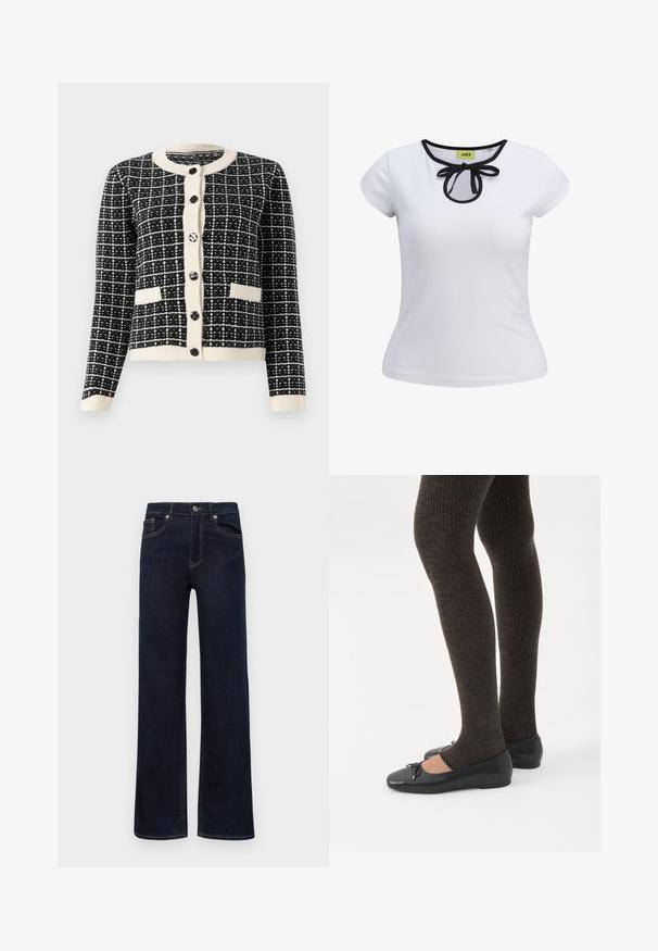 Sort-hvid mønsterstrik cardigan med rund halsudskæring, sorte knapper foran og to forlommer. Ribstrikkede manchetter og kant.; Hvid kortermet t-shirt med sort kant rundt om halsudskæringen og en sløjfedetalje i midten. Fremstillet af glat bomuldsstof.; Mørkeblå denimjeans med lige ben, knaplukning, bæltestropper og fem lommer, præsenteret på en hvid baggrund.; Ben iført mørke ribbede leggings kombineret med sorte balletsko med små sløjfedetaljer på hvid baggrund.