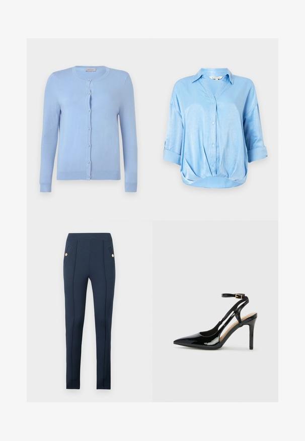 Cardigan en maille bleu clair avec encolure ronde, manches longues et sept boutons nacrés sur le devant, étiquette indiquant "Anna Field".; Blouse en satin bleu clair avec des manches trois-quarts repliées, fermeture à boutons sur le devant, col et ourlet froncé.; Pantalon slim bleu marine avec coutures avant surpiquées et poches latérales inclinées, chacune ornée d'un bouton rond en or unique.; Escarpin en cuir verni noir à talon haut, avec un bout pointu, une bride réglable à la cheville et des côtés ouverts. Texture lisse.
