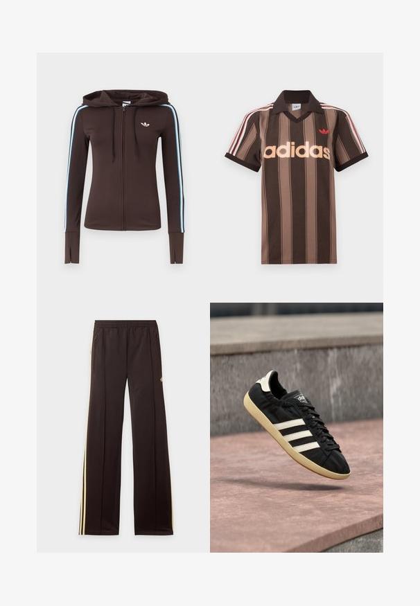 Brauner Kapuzenpullover mit durchgehendem Reißverschluss, blauen und weißen Streifen an den Ärmeln, Daumenlöchern an den Bündchen, Adidas-Logo auf der Brust und verstellbarer Kapuze mit Kordelzug.; Braunes gestreiftes Adidas-Poloshirt mit V-Ausschnitt, bordeauxrotem Kragen und rotem Logo. Mit weißen und roten Schulterstreifen, kurzen Ärmeln.; Schwarze Jogginghose mit gelben Seitenstreifen, elastischem Bund, seitlichen Reißverschlusstaschen und kleinem Logo am oberen Oberschenkel.; Schwarzer Adidas-Sneaker mit weißen Streifen und beiger Sohle, in der Luft über einer steinernen Oberfläche und mit Steinwand im Hintergrund aufgenommen.