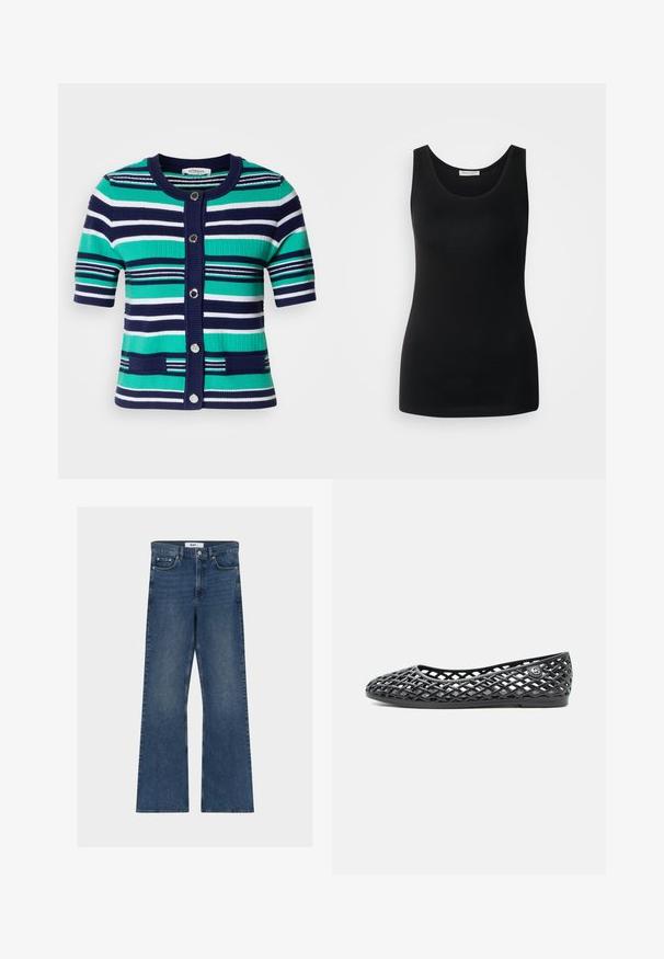 Kurzeiliges Kardigan in blauen, grünen und weißen Streifen. Verfügt über fünf Knöpfe, einen gerippten Kragen und Taschen auf der Vorderseite.; Schwarzes ärmelloses Tanktop, aus glattem Stoff, mit klassischem Rundhalsausschnitt und tailliertem Schnitt. Keine Muster oder Akzente.; Blaue, ausgestellte Jeans aus Denim mit mittelhohem Bund. Verfügt über Vorder- und Gesäßtaschen, Metallbeschläge und einen strukturierten, robusten Stoff.; Schwarzer flacher Schuh mit offenem Gitterdesign und runder Spitze, mit einem kleinen Metalllogo an der Seite nahe der Ferse.