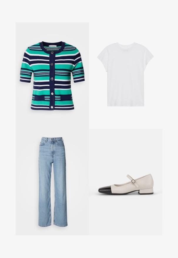 Cardigan à manches courtes en rayures bleues, vertes et blanches. Dispose de cinq boutons, d'un col côtelé et de poches à l'avant.; T-shirt blanc à manches courtes, col rond, coupe décontractée, en tissu de coton doux. Texture lisse, sans motifs ni logos.; Jean taille haute bleu clair avec une jambe droite, en denim, présentant une fermeture à bouton sur le devant et des détails de décoloration subtils.; Chaussure de style Mary Jane en cuir crème avec un bout en vernis noir. Présente un bout rond, une sangle de cheville avec une boucle carrée et un petit talon carré.