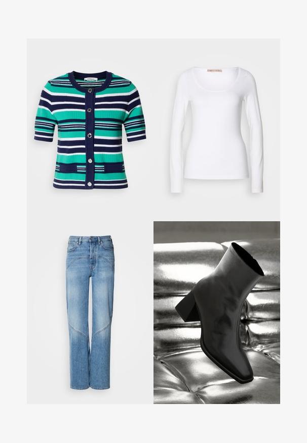 Cardigan à manches courtes en rayures bleues, vertes et blanches. Dispose de cinq boutons, d'un col côtelé et de poches à l'avant.; T-shirt en coton blanc à manches longues, avec un col rond et une coupe ajustée, au toucher doux et sans ornement.; Un jean en denim bleu clair avec une coupe décontractée, des jambes larges et des détails de couture incurvés. Le tissu a une texture lisse avec un léger délavage.; Botte noire à la cheville en matériau brillant avec un bout carré et un talon effilé, sur un fond argenté brillant et capitonné.